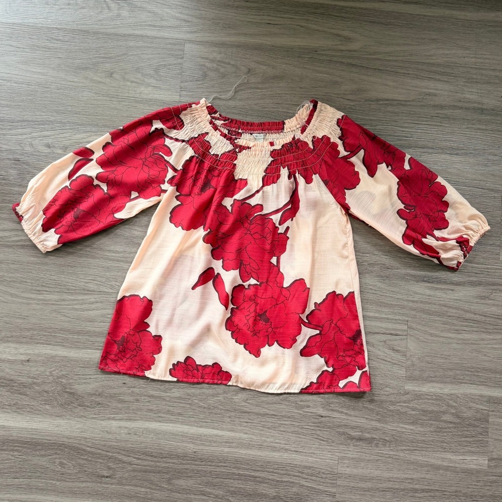 Cato Red Floral Cream Off The Shoulder 3/4 Sleeve Peasant Top Sm Boho Feminine - Picture 3 of 10
